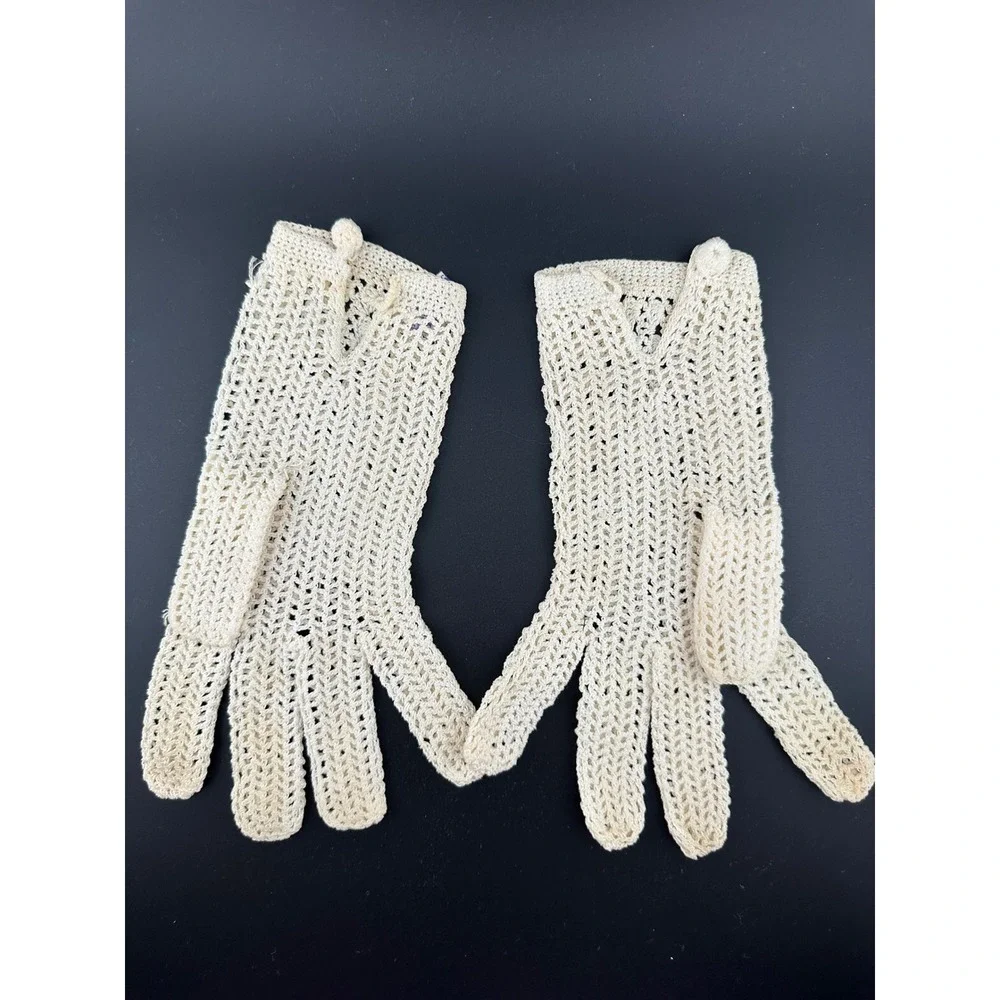 Vintage 40s Hand Crochet Gloves France Post WWII Ivory Lace Formal Bridal
